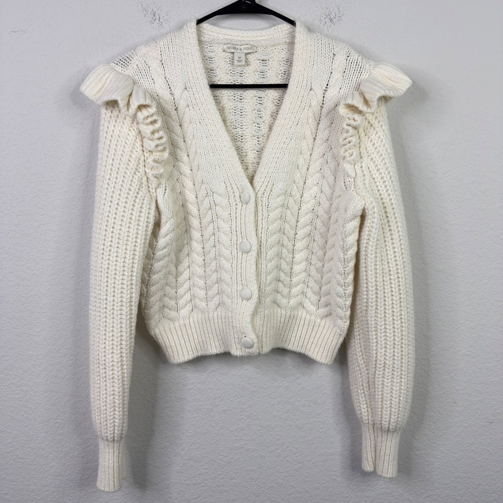 Chelsea & Violet Cardigan Womens M Cream Ruffle Chunky Knit Cottagecore Romantic